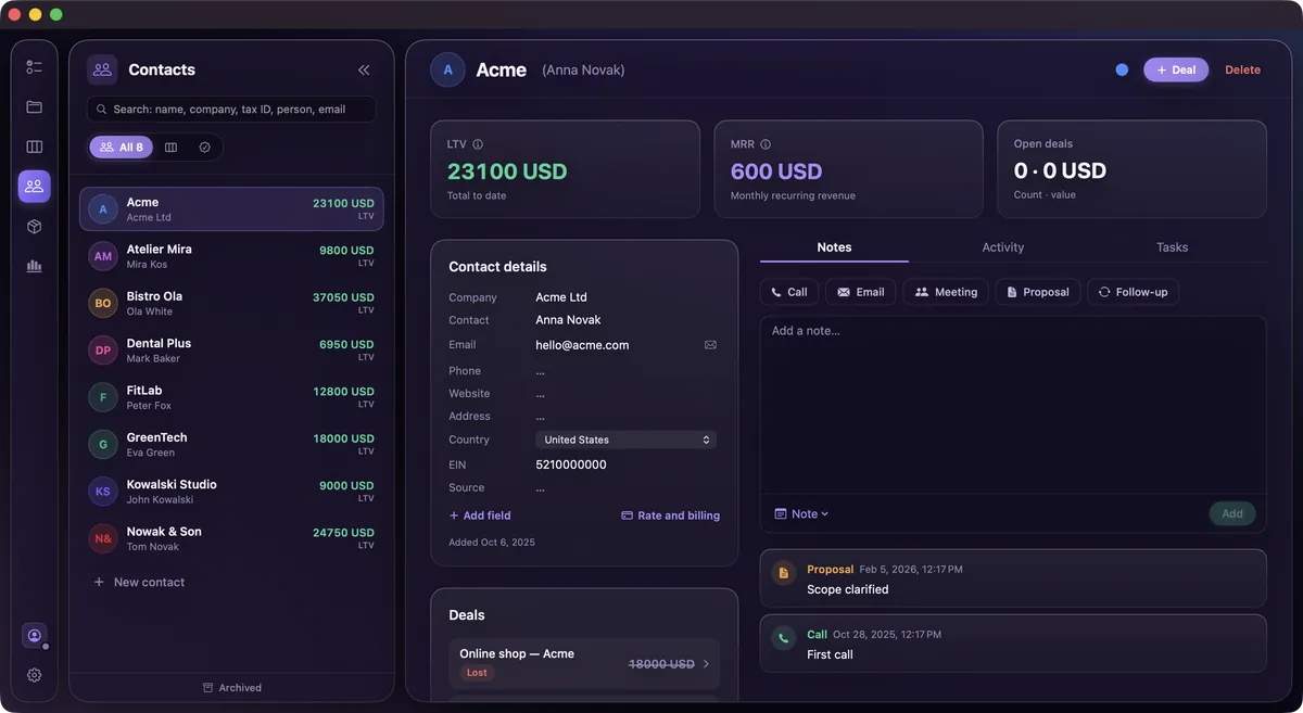 A contact: lifetime value 23,100 USD, monthly recurring revenue 600 USD, details, notes and activity