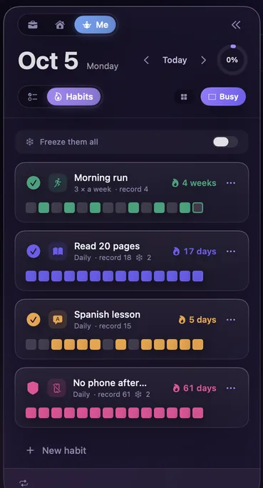 Habits in the Me profile: Morning run 3 times a week, Read 20 pages, Spanish lesson, No phone after 10 pm, each with streak and history