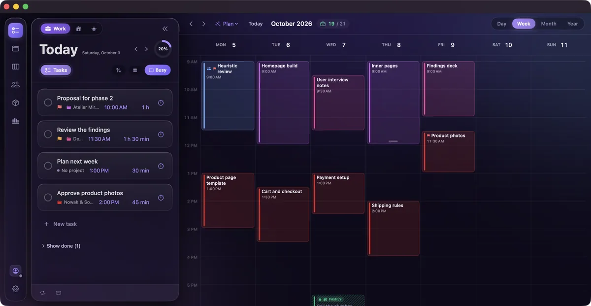 Myriad on a Mac: today’s tasks on the left, the week with time blocks on the right