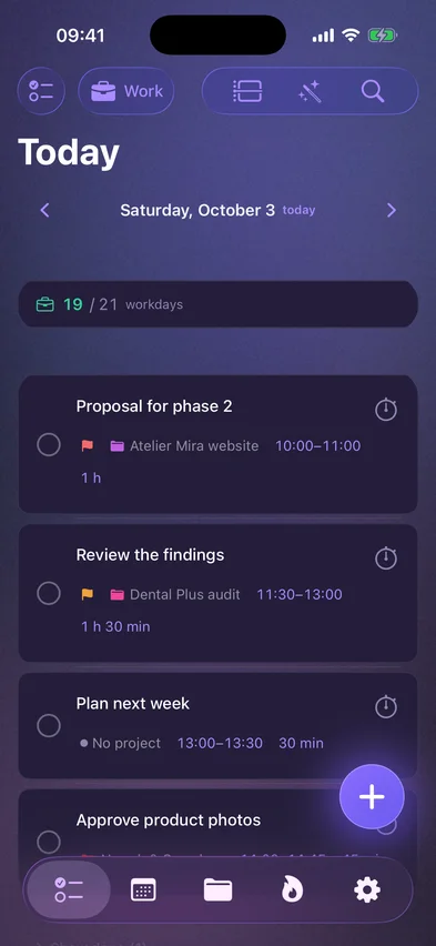 Myriad on an iPhone: today’s tasks