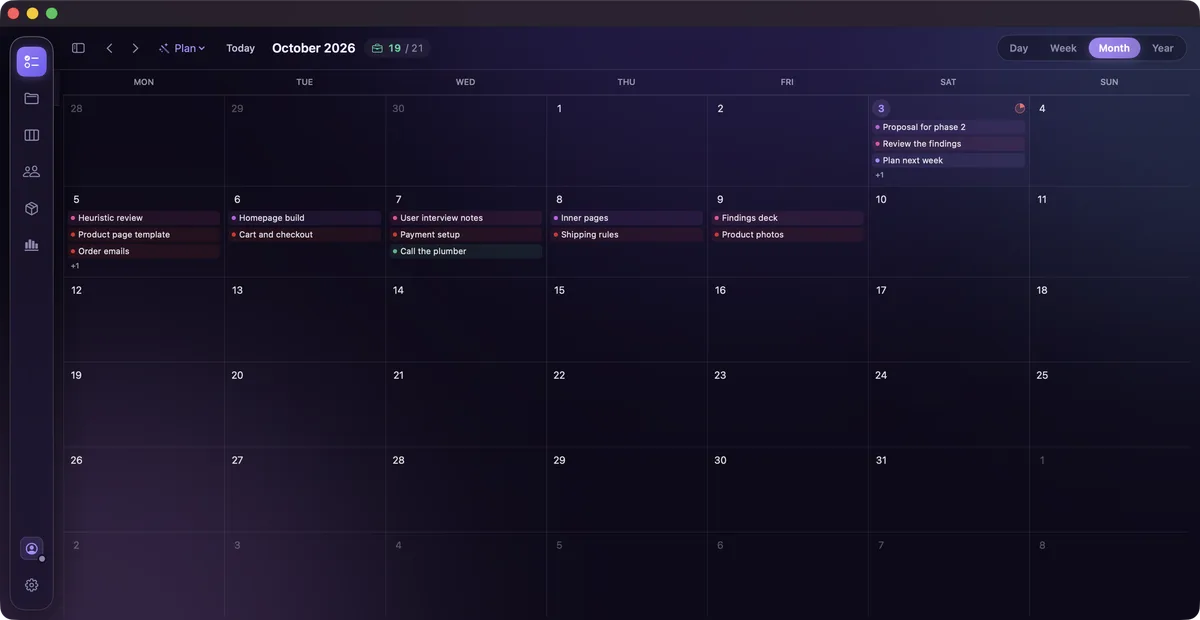 Month view of October with the blocks of each day