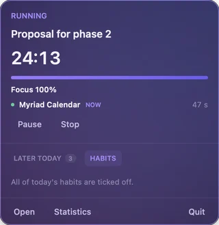 The timer in the menu bar with a focus score
