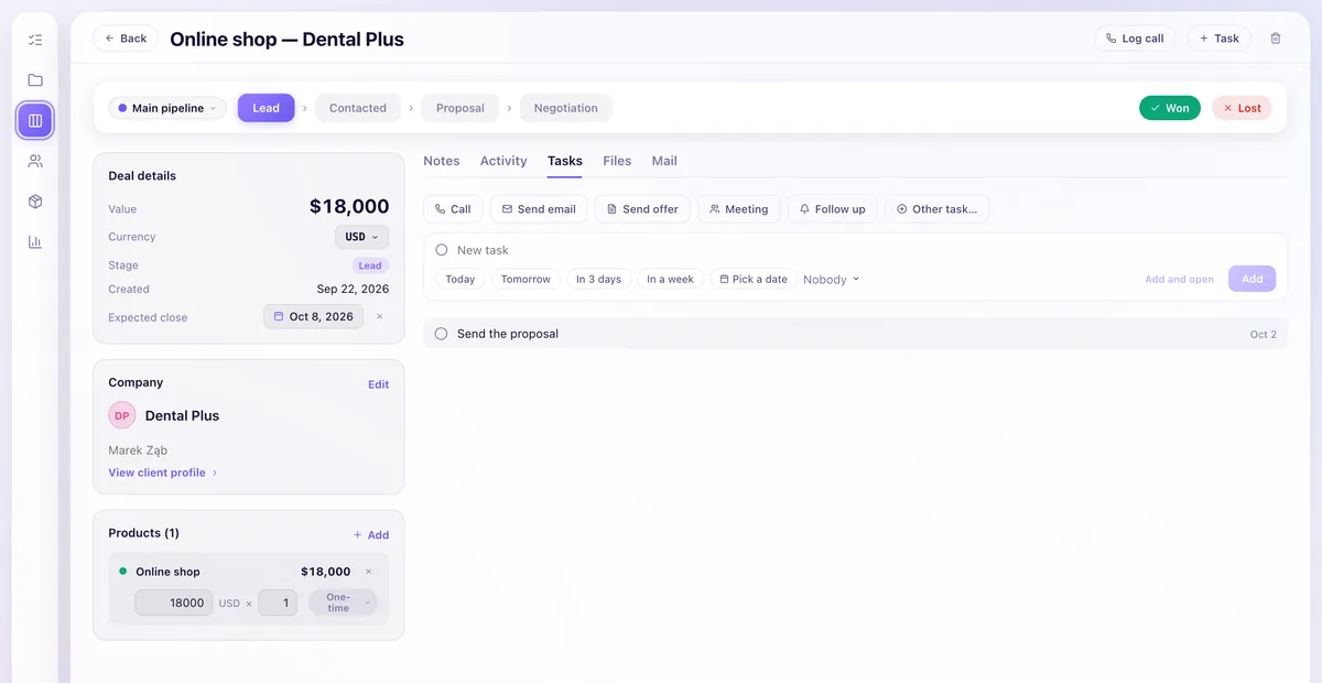 The deal's tasks: quick buttons for Call, Send email, Send offer, Meeting and Follow up, and the next step, Send the proposal, due 2 October