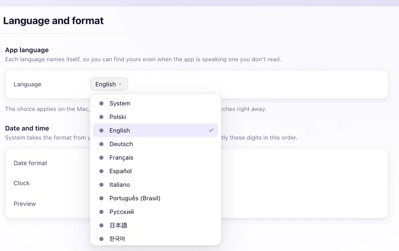 Language and format: the language menu with Polski, English, Deutsch, Français, Español, Italiano, Português (Brasil), Русский, 日本語 and 한국어