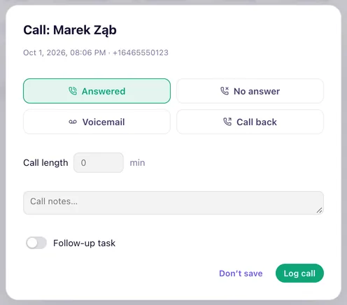 The call card: Answered, No answer, Voicemail or Call back, the call length, notes and a follow-up task