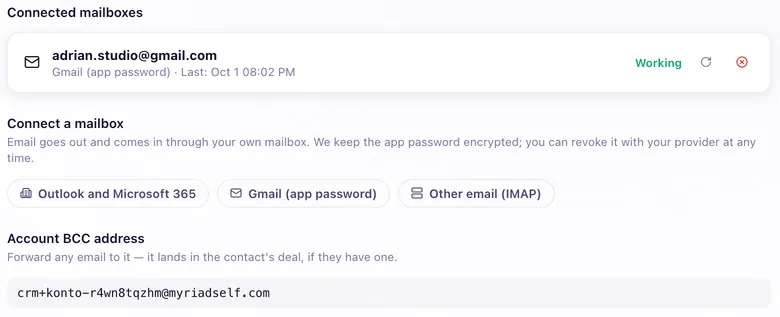 Connected mailbox: a Gmail address, working. Connect Outlook and Microsoft 365, Gmail with an app password, or other email over IMAP. The account BCC address below