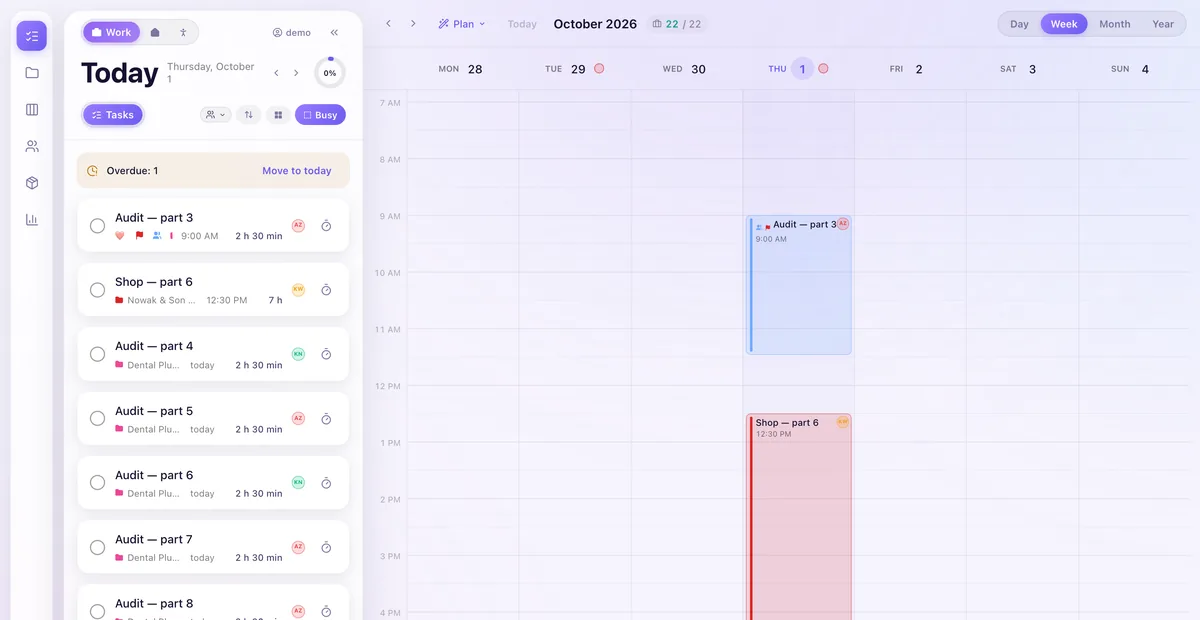 Myriad in a browser: today’s tasks and the week with time blocks
