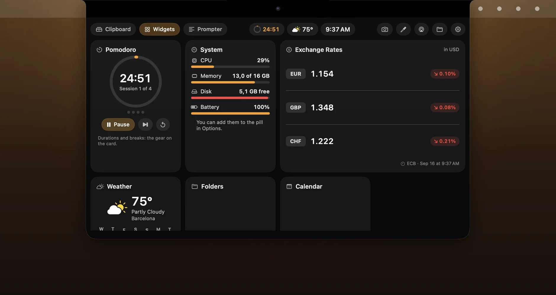 The Widgets tab: cards for weather, pomodoro, reminders, calendar, folders and system load