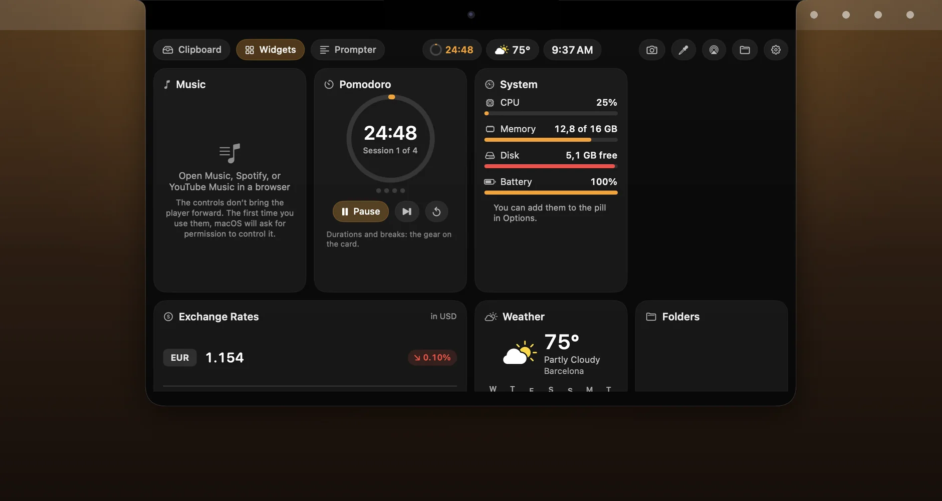 The music card: artwork, title, level bars and play, pause and skip