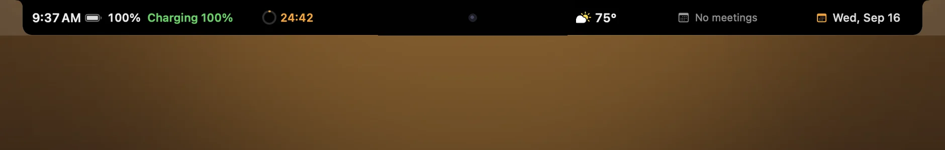 The closed pill around the notch: time and battery, a pomodoro countdown, the weather, the next meeting and the date