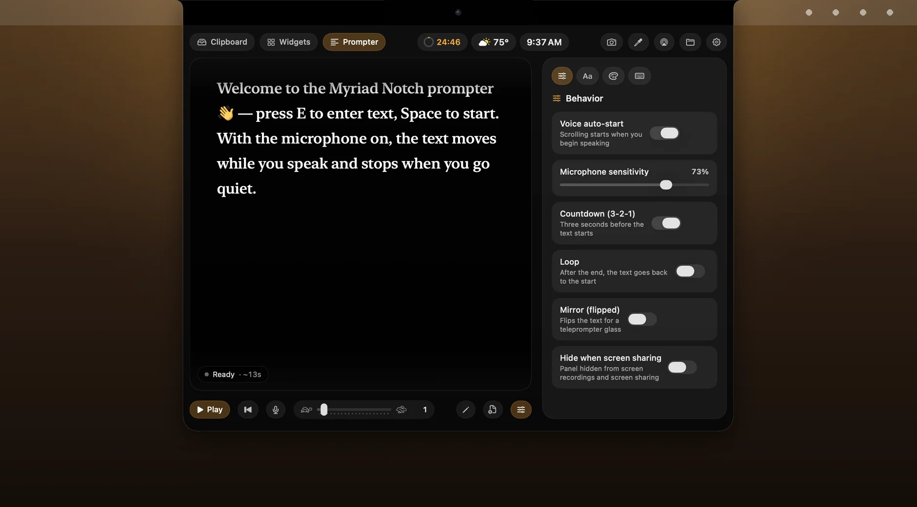The Prompter tab: a script in large serif type, and switches for voice start, microphone sensitivity, countdown, loop, mirror and hiding from screen sharing