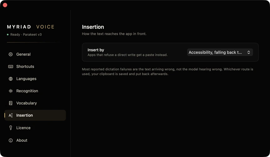 Myriad Voice settings, Insertion: Insert by Accessibility, falling back to paste