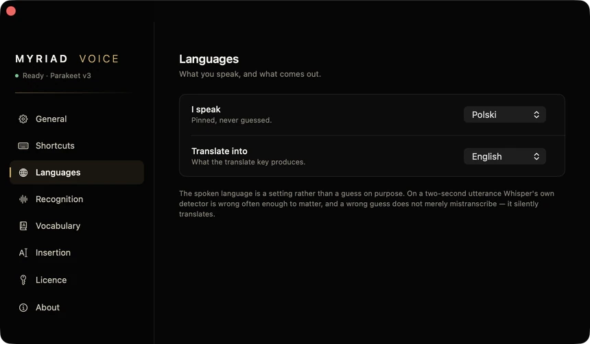Myriad Voice settings, Languages: I speak Polski, Translate into English