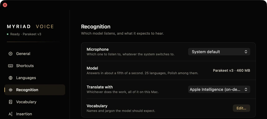 Myriad Voice settings, Recognition: microphone choice, the Parakeet v3 model at 460 MB, the translation engine and the vocabulary